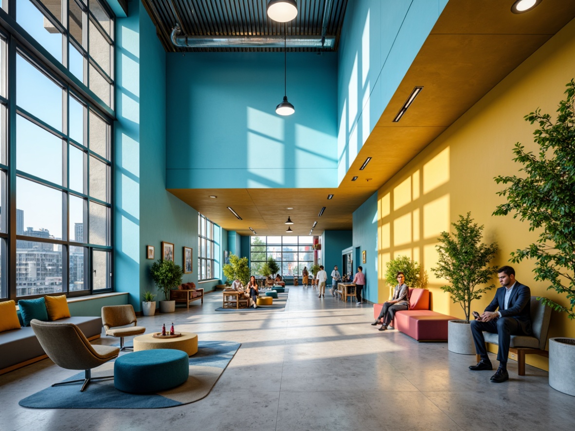 Prompt: Vibrant student hall, lively atmosphere, modern minimalist design, bold color scheme, energetic blue tones, warm yellow accents, calming green hues, neutral beige backgrounds, sleek metal furniture, industrial chic lighting, polished concrete floors, urban cityscape views, natural daylight, soft box lighting, shallow depth of field, 1/1 composition, realistic textures, ambient occlusion.