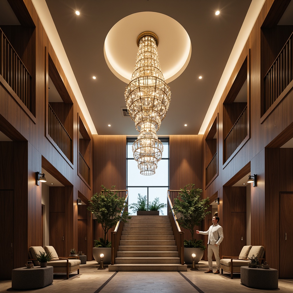 Prompt: Elegant chandelier, grand staircase, luxurious foyer, high ceiling, crystal pendant lights, polished metal fixtures, ornate details, soft warm glow, ambient lighting, subtle shadows, 1/1 composition, shallow depth of field, realistic reflections, modern interior design, upscale residential space, sophisticated ambiance, refined elegance.