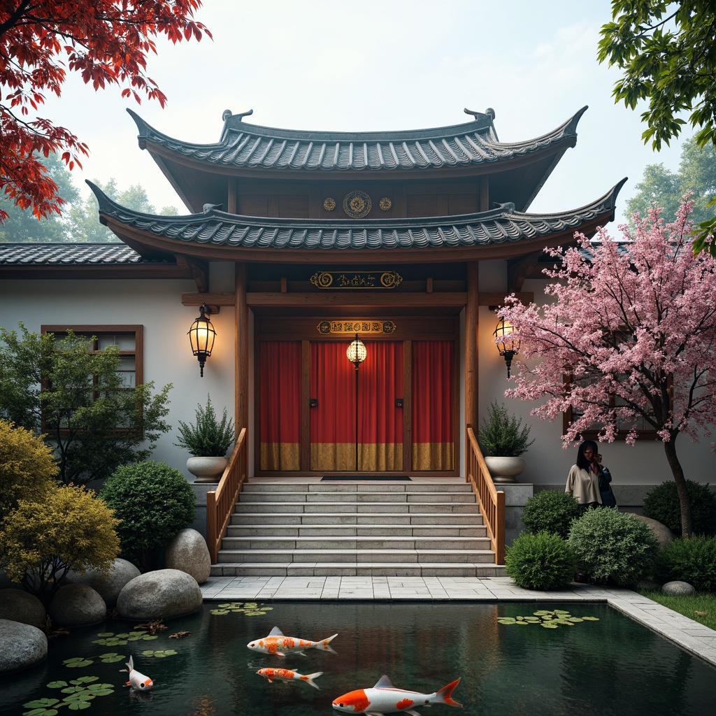 Prompt: Oriental-inspired church exterior, curved pagoda-style roof, intricate wood carvings, vibrant red doors, golden accents, lantern-inspired lighting fixtures, ornate ceramic tiles, tranquil koi pond, lush greenery, cherry blossom trees, gentle mist, soft warm lighting, 3/4 composition, symmetrical architecture, harmonious colors, cultural fusion, serene atmosphere.