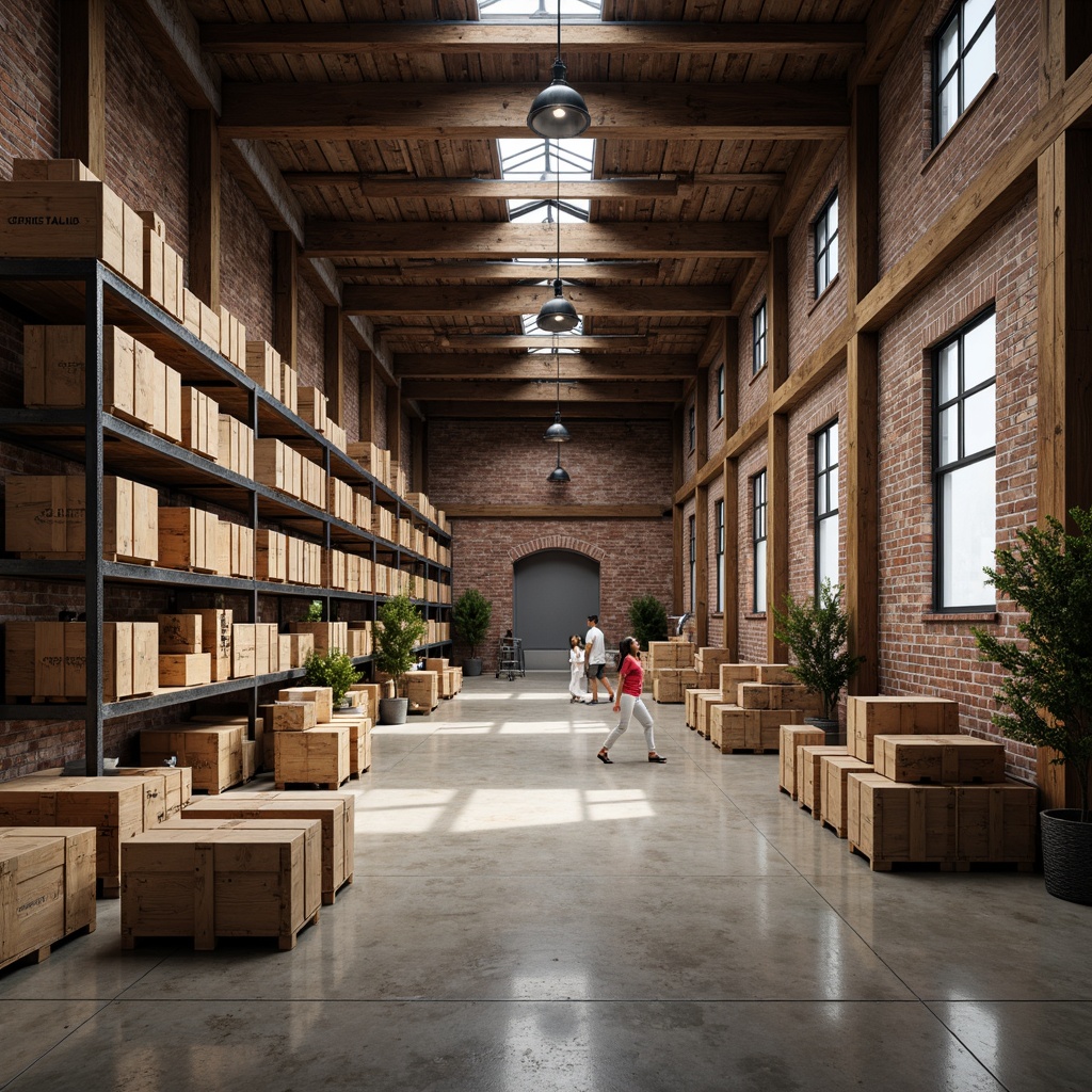 Prompt: Rustic distribution center, exposed brick walls, metal beams, wooden crates, industrial lighting fixtures, pendant lamps, steel shelving units, concrete floors, earthy color palette, natural textures, distressed finishes, urban loft atmosphere, high ceilings, large windows, softbox lighting, 1/1 composition, realistic rendering, ambient occlusion.