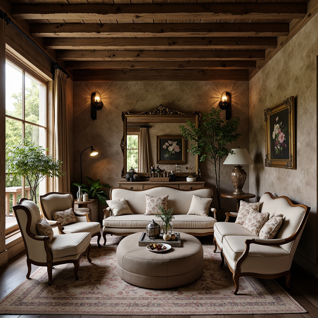 Prompt: Rustic French country interior, distressed wood tones, vintage metal accents, plush velvet fabrics, soft linen upholstery, carved wooden furniture, ornate gilded details, elegant curved lines, natural stone flooring, earthy color palette, warm candlelight, inviting cozy atmosphere, lush greenery, flower-patterned textiles, antique decorative accessories, classic berg\u00e8re chairs, rustic wooden beams, soft warm lighting, 1/1 composition, intimate scale, realistic textures.