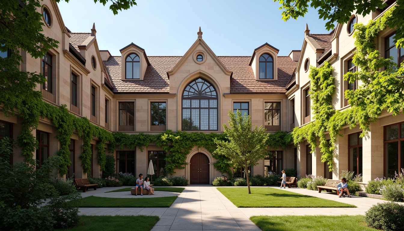 Prompt: Grand elementary school building, Gothic archways, pointed ribbed vaults, stained glass windows, intricate stone carvings, ornate bell towers, vibrant green courtyard, lush ivy walls, educational signage, wooden benches, sunny afternoon, soft warm lighting, shallow depth of field, 3/4 composition, panoramic view, realistic textures, ambient occlusion.