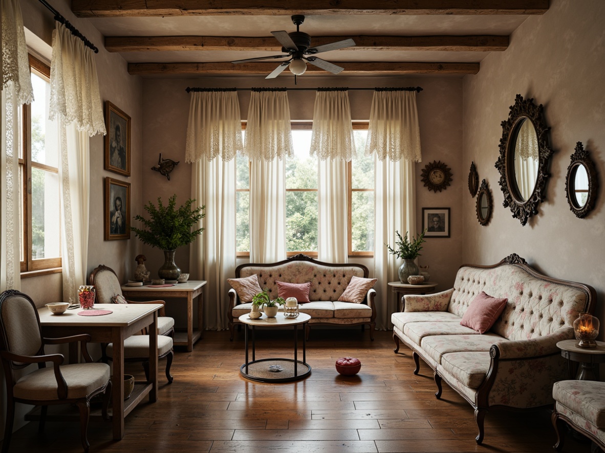 Prompt: Distressed wooden tables, vintage armchairs, floral patterned sofas, lace-trimmed curtains, soft pastel colors, antique decorations, rustic metal accents, distressed finishes, ornate mirrors, velvet pillows, tufted upholstery, ruffled fabrics, natural textures, warm candlelight, 1/1 composition, shallow depth of field, romantic atmosphere, whimsical details.