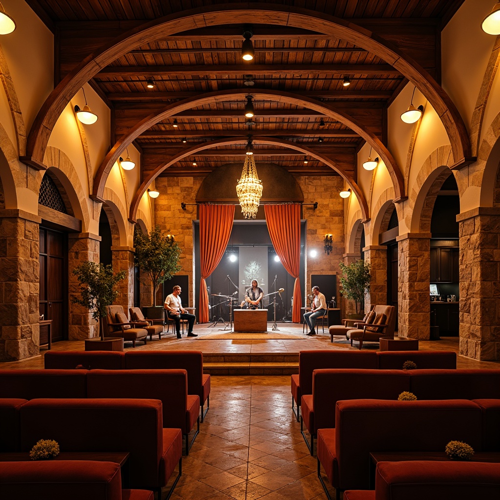 Prompt: Warm Mediterranean music venue, rustic stone walls, wooden accents, curved arches, ornate ironwork, intimate seating areas, soft warm lighting, rich wood tones, plush velvet drapes, elegant chandeliers, live stage performances, acoustic panels, sound-absorbing materials, diffused natural light, cozy atmospheric ambiance, 1/2 composition, shallow depth of field, realistic textures, ambient occlusion.