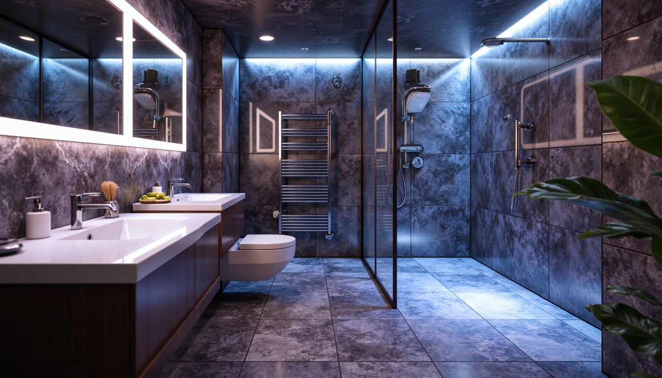 Prompt: Futuristic bathroom interior, metallic accents, high-gloss finishes, iridescent tiles, holographic patterns, neon-lit mirrors, sleek sink basins, minimalist toilets, automated faucets, rain showerheads, LED lighting strips, fogless mirrors, heated flooring, ambient misting systems, glass enclosures, chrome fixtures, modern linear drains, eco-friendly materials, innovative water recycling systems, serene ambiance, soft warm glow, shallow depth of field, 1/1 composition.