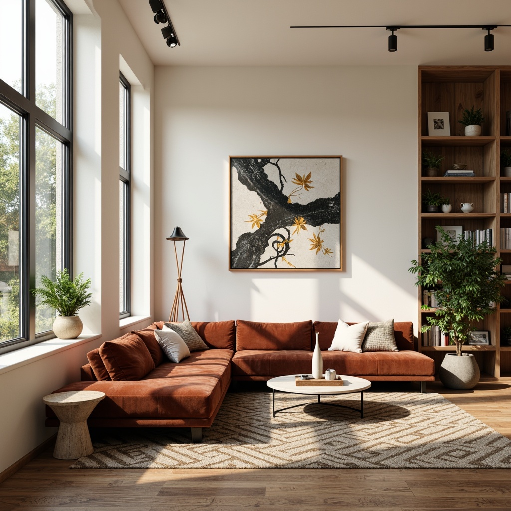 Prompt: Cozy living room, plush velvet sofa, modern minimalist coffee table, abstract artwork, floor-to-ceiling windows, natural light pouring in, creamy white walls, dark wood flooring, statement lighting fixtures, greenery accents, botanical prints, geometric patterned rug, comfortable reading nook, built-in bookshelves, soft warm ambiance, 1/1 composition, intimate atmosphere.