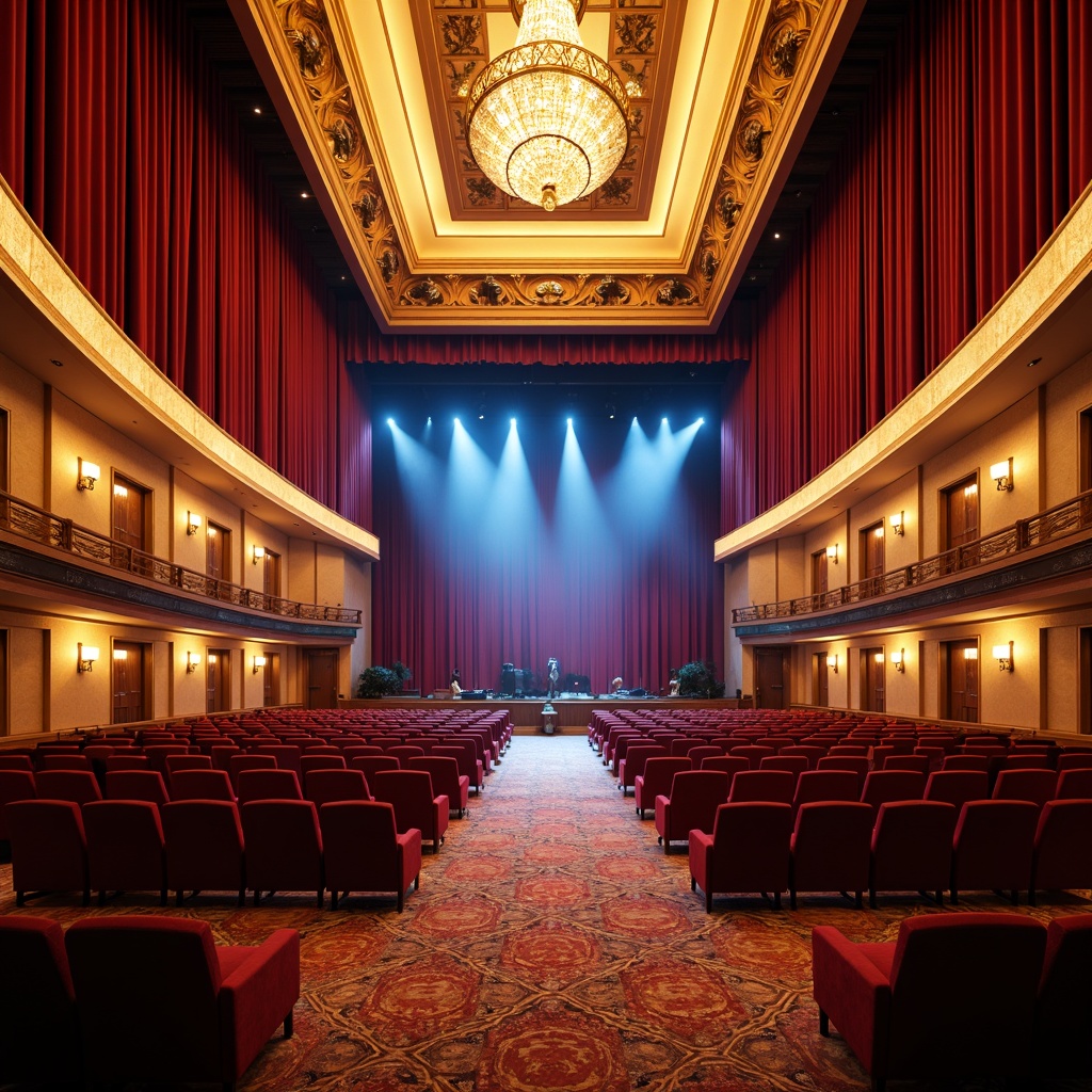 Prompt: Elegant auditorium interior, rich velvet curtains, warm golden lighting, plush red seats, polished wooden floors, ornate chandeliers, grandiose stage design, dramatic spotlights, luxurious carpets, sophisticated sound systems, acoustic panels, modern LED lights, dynamic color scheme, vibrant blue accents, neutral beige tones, bold crimson highlights, high-contrast visual effects, cinematic atmosphere, immersive experience.