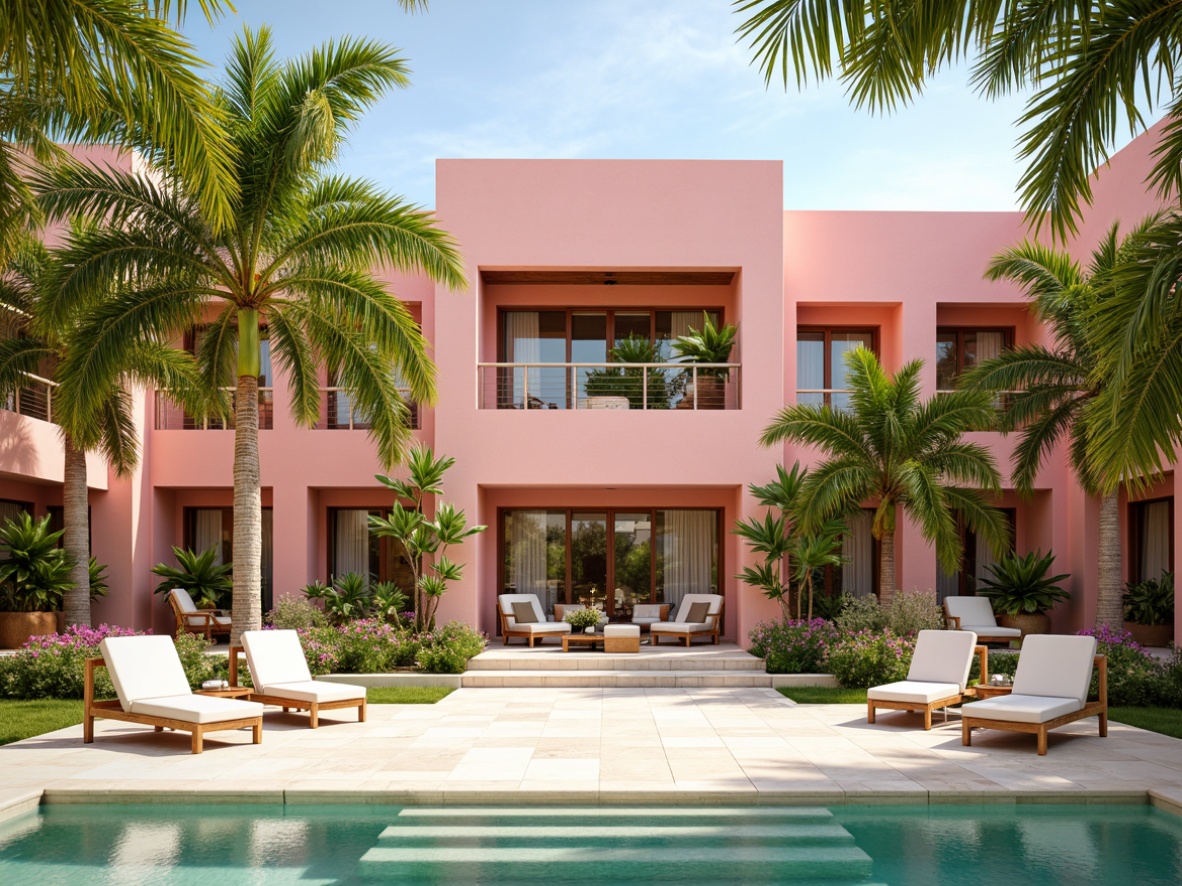 Prompt: Vibrant tropical hotel facade, pastel pink walls, lush green palm trees, exotic flower patterns, rattan furniture, natural wood accents, creamy white marble floors, turquoise pool waters, sunny cloudless sky, warm soft lighting, shallow depth of field, 1/1 composition, realistic textures, ambient occlusion, bright coral-inspired hues, minty fresh tones, golden sandy neutrals, ocean blue undertones.