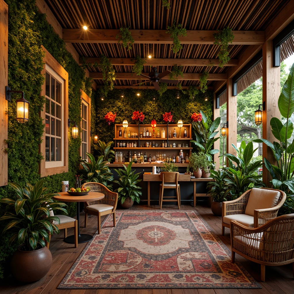 Prompt: Vibrant tropical bar, lush greenery walls, exotic flower arrangements, rattan furniture, wicker chairs, colorful tiki torches, bamboo ceiling fans, natural wood accents, woven textiles, tribal patterned rugs, vintage nautical decorations, distressed wooden signs, eclectic artifacts, warm string lighting, shallow depth of field, 1/1 composition, intimate atmosphere, realistic textures, ambient occlusion.