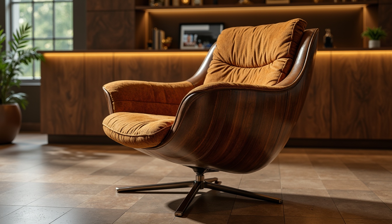 Prompt: Curved walnut wood, sleek metal legs, luxurious velvet upholstery, retro-futuristic vibe, nostalgic 1930s atmosphere, opulent golden accents, rich leather textures, low-to-ground profile, minimalist ornamentation, soft warm lighting, shallow depth of field, 3/4 composition, panoramic view, realistic reflections, ambient occlusion, art deco patterns, geometric shapes, aerodynamic lines, luxurious comfort, sophisticated elegance.