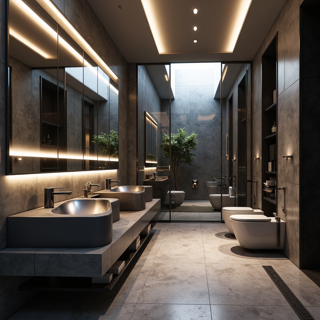 Prompt: Futuristic bathroom, sleek metallic fixtures, LED lighting strips, minimalist sink basins, wall-mounted toilets, rainfall showerheads, glass enclosure, chrome accents, high-gloss cabinets, ambient mood lighting, futuristic faucet designs, touchless soap dispensers, automatic toilet lids, motion-sensing lights, polished concrete floors, geometric patterned tiles, modern linear drains, frameless mirrors, soft warm glow, shallow depth of field, 3/4 composition, panoramic view, realistic textures.