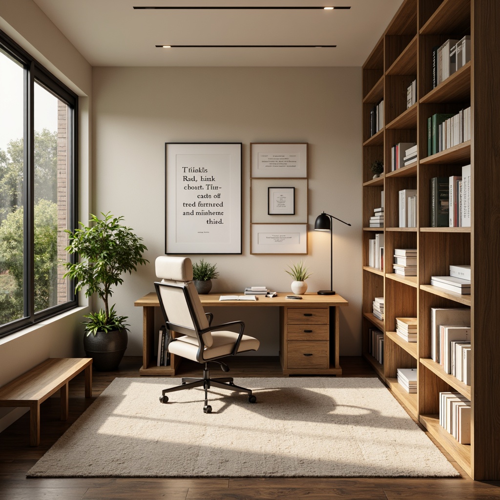 Prompt: Cozy home office, wooden desk, ergonomic chair, bookshelves, floor lamps, warm beige walls, soft carpet flooring, natural wood accents, framed academic certificates, motivational quotes, organized storage units, modern minimalist decor, plenty of natural light, large windows, greenery views, calm atmosphere, warm white lighting, shallow depth of field, 1/1 composition, realistic textures.