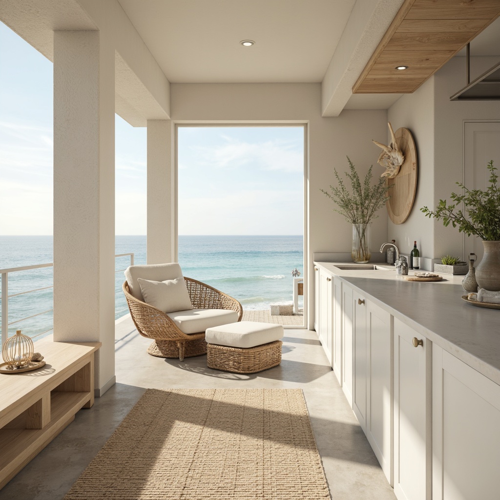 Prompt: Soft ocean breeze, calming sound of waves, serene beachy vibe, light creamy walls, delicate shell decor, elegant white countertops, polished chrome fixtures, natural woven fibers, rattan furniture, coastal-inspired textiles, subtle nautical accents, gentle warm lighting, shallow depth of field, 1/1 composition, realistic textures, ambient occlusion.