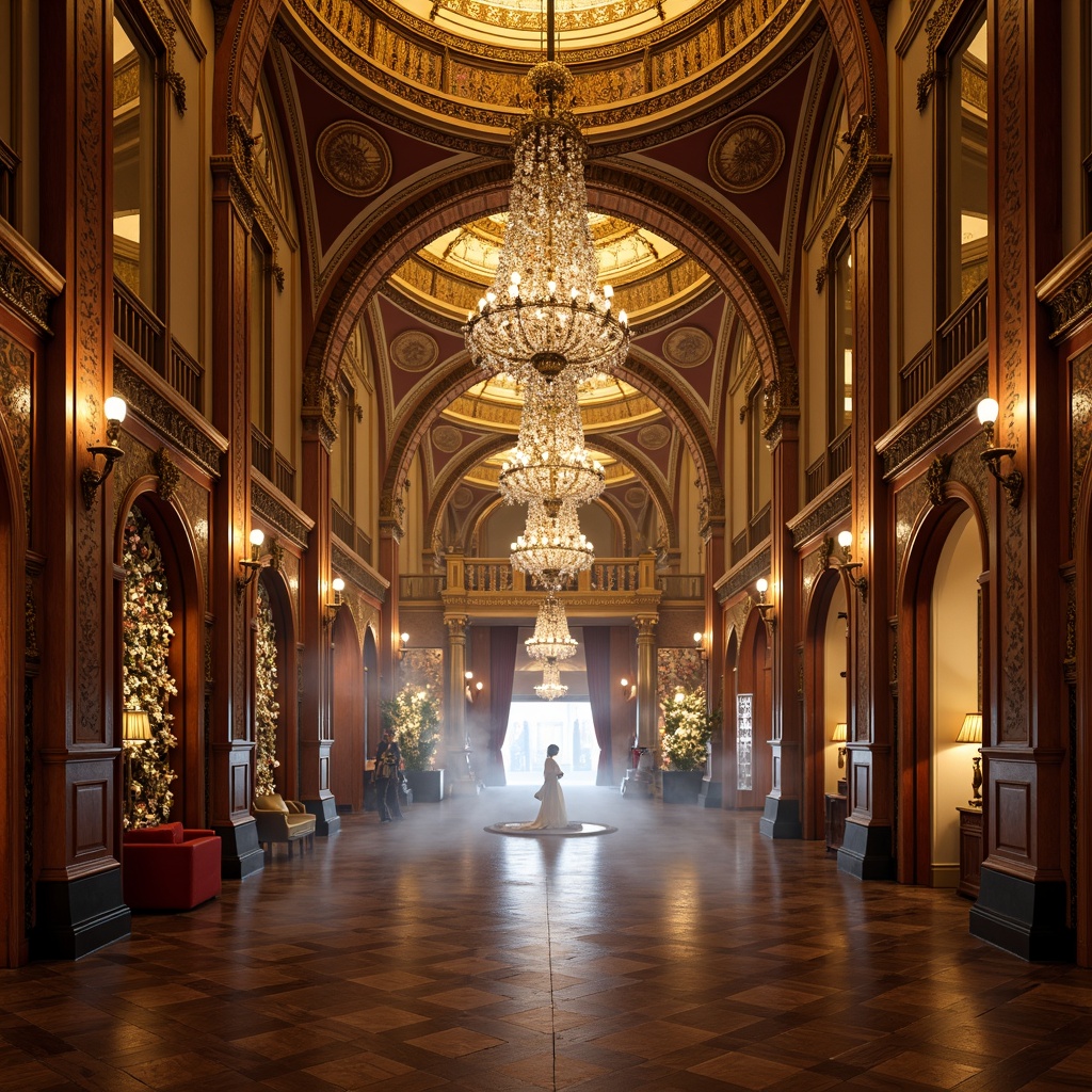 Prompt: Opulent pavilion, intricate baroque details, grandiose chandeliers, crystal prisms, lavish gold accents, ornate mirrors, majestic archways, luxurious velvet drapes, rich wood paneling, sophisticated LED installations, warm ambient glow, dramatic spotlights, soft candlelight, 3/4 composition, shallow depth of field, realistic reflections, atmospheric fog effect.