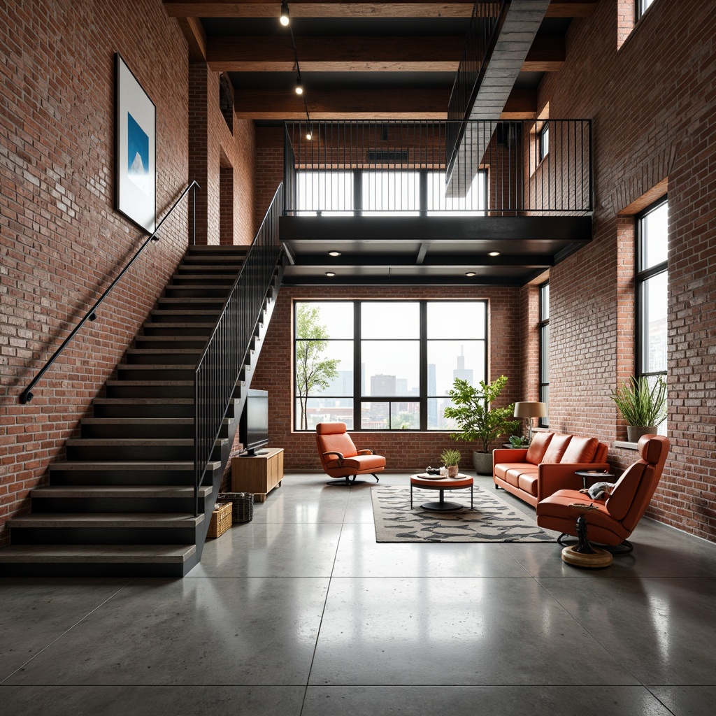 Prompt: Industrial chic loft space, exposed brick walls, polished concrete floors, minimalist decor, functional metal stairs, open-plan living area, floor-to-ceiling windows, natural light pouring in, urban cityscape views, modern Bauhaus-inspired furniture, geometric patterns, primary color accents, sleek lines, industrial-style lighting fixtures, reclaimed wood accents, airy atmosphere, spacious feel, panoramic views, shallow depth of field, 1/1 composition, soft warm lighting, ambient occlusion.