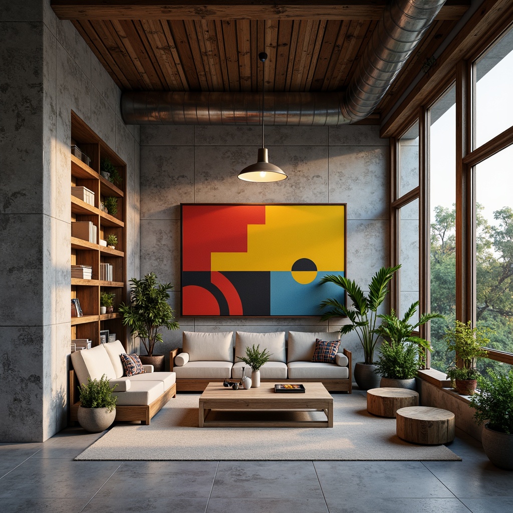 Prompt: rough-hewn stone, smooth glass, distressed wood, industrial metal, vibrant color pops, eclectic decorative elements, abstract artwork, modernist design principles, functional simplicity, 3/4 composition, shallow depth of field, realistic lighting effects.