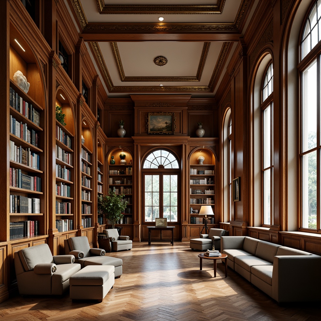 Prompt: Elegant bookshelves, ornate carvings, rich wood tones, classic literature displays, comfortable reading nooks, warm golden lighting, soft leather armchairs, intricate moldings, decorative cornices, subtle aromas of old books, quiet atmosphere, traditional European architecture, large wooden doors, stained glass windows, cream-colored walls, refined bronze hardware, sophisticated color palette, 2/3 composition, shallow depth of field, warm natural light.