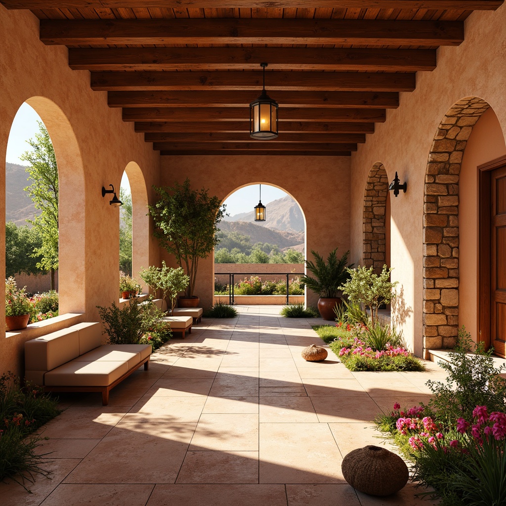 Prompt: Warm Mediterranean student hall, textured walls, earthy terracotta colors, rustic stone accents, wooden beams, cozy seating areas, lush greenery, vibrant flowers, natural light pouring in, warm sunny day, soft warm lighting, shallow depth of field, 3/4 composition, panoramic view, realistic textures, ambient occlusion.