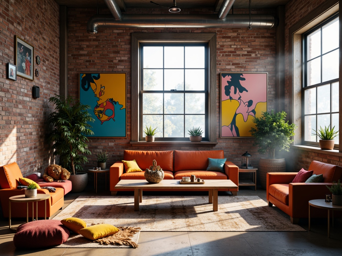 Prompt: Vibrant artistic studio, eclectic furniture, bold color blocking, contrasting textures, abstract artwork, modern industrial architecture, exposed brick walls, metallic accents, reclaimed wood flooring, natural light pouring in, soft warm glow, atmospheric mist, cinematic composition, 3/4 framing, shallow depth of field, realistic renderings, ambient occlusion.