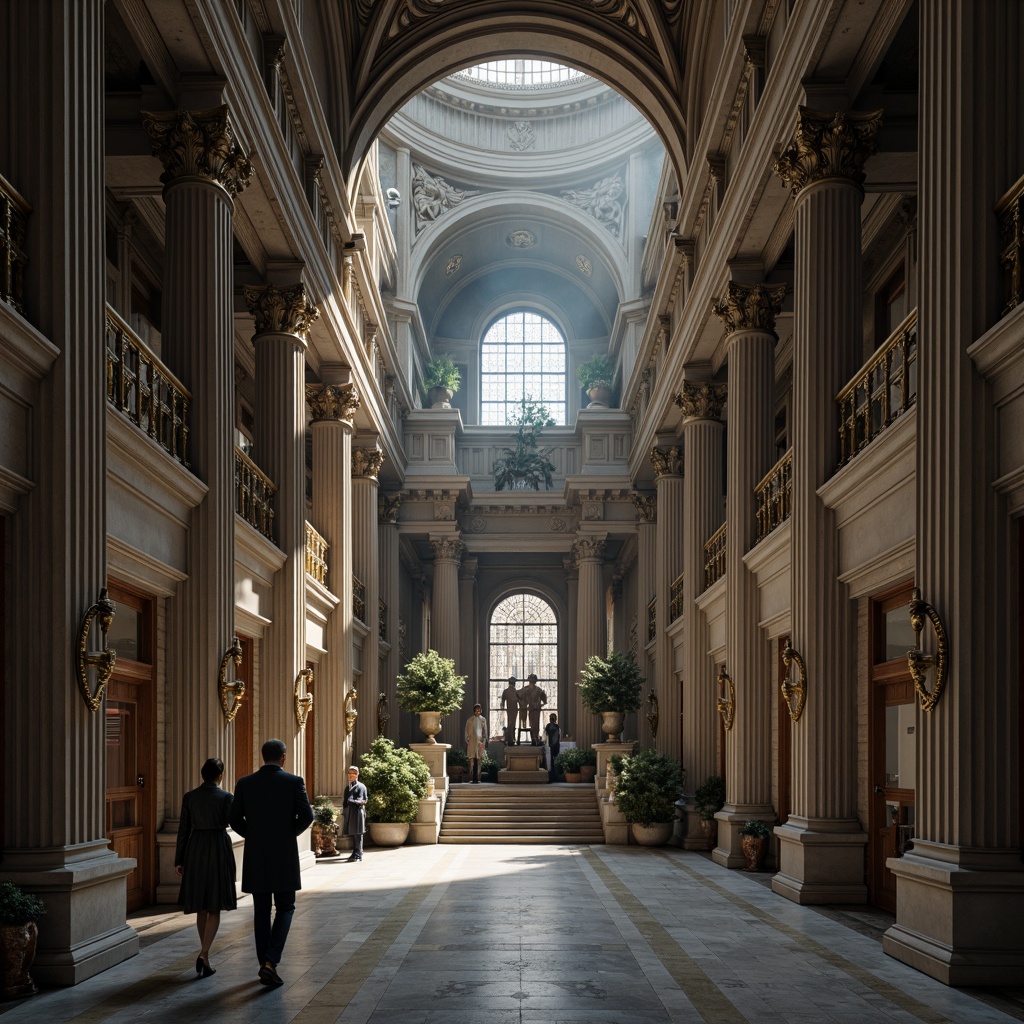 Prompt: Majestic religious building, classical columns, ornate capitals, intricately carved architraves, vaulted ceilings, stained glass windows, grandiose entrance, symmetrical facade, marble flooring, gilded accents, subtle natural lighting, dramatic shadows, atmospheric mist, 1/2 composition, wide-angle lens, cinematic depth of field, rich textures, detailed ornaments.