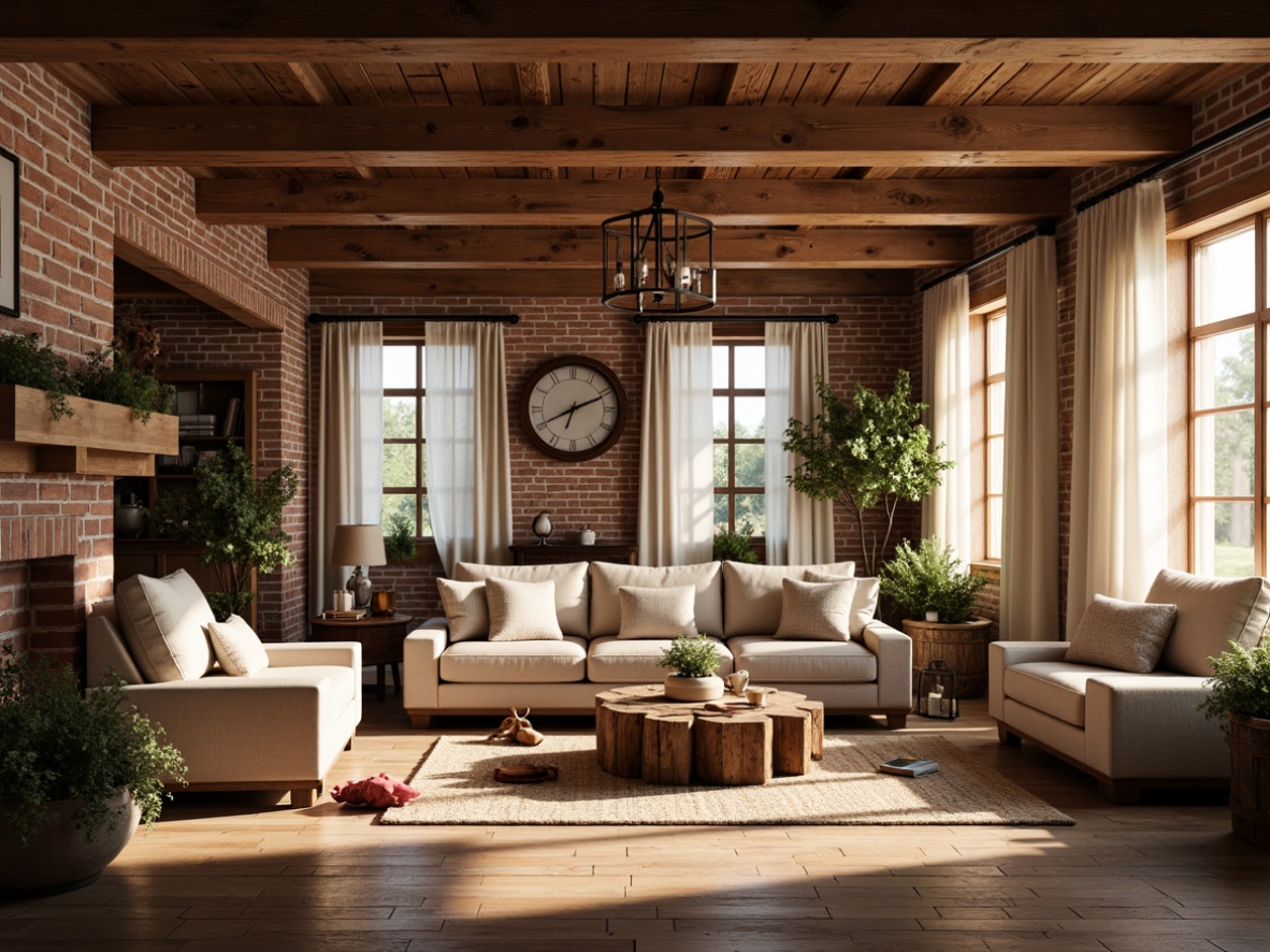 Prompt: Rustic farmhouse, warm inviting atmosphere, soft natural light, wooden beams, exposed brick walls, vintage metal lanterns, pendant lighting, distressed wood furniture, earthy color palette, cozy throw blankets, plush area rugs, warm-toned hardwood floors, large windows, sheer white curtains, sunny day, gentle warm glow, ambient occlusion, 1/1 composition, shallow depth of field.