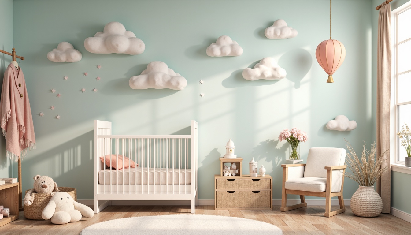 Prompt: Soft pastel hues, gentle nursery rhyme atmosphere, calming creamy whites, soothing light blues, warm beige accents, delicate florals, tender peach tones, natural wood furniture, plush toys, cozy throw blankets, serene cloud-inspired ceiling, whimsical hot air balloon decorations, dreamy starry night sky, softbox lighting, shallow depth of field, 1/1 composition, realistic textures, ambient occlusion.