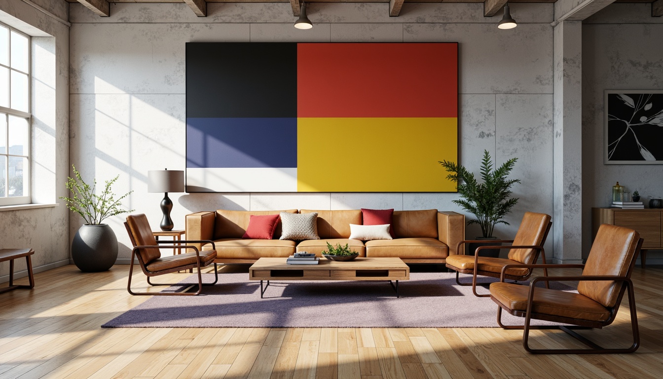 Prompt: Geometric shapes, primary colors, industrial materials, minimalist decor, functional simplicity, leather upholstery, tubular steel frames, ergonomic design, adjustable armrests, cantilevered chairs, bold typography, graphic patterns, abstract artwork, polished wooden floors, natural light, open floor plans, modernist architecture, urban loft settings, neutral color palette, clean lines, rectangular forms, brutalist textures, dramatic shadows, high contrast lighting, 1/1 composition, symmetrical balance.