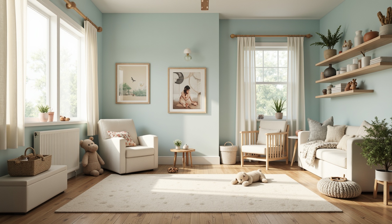 Prompt: Soft pastel hues, gentle nursery atmosphere, calming baby blue walls, creamy white furniture, warm beige carpets, delicate floral patterns, subtle wood accents, natural light pouring in, sheer curtains filtering sunlight, cozy reading nook, plush toys scattered around, tender motherly love, soothing color harmony, 1/1 composition, soft focus, warm golden lighting.