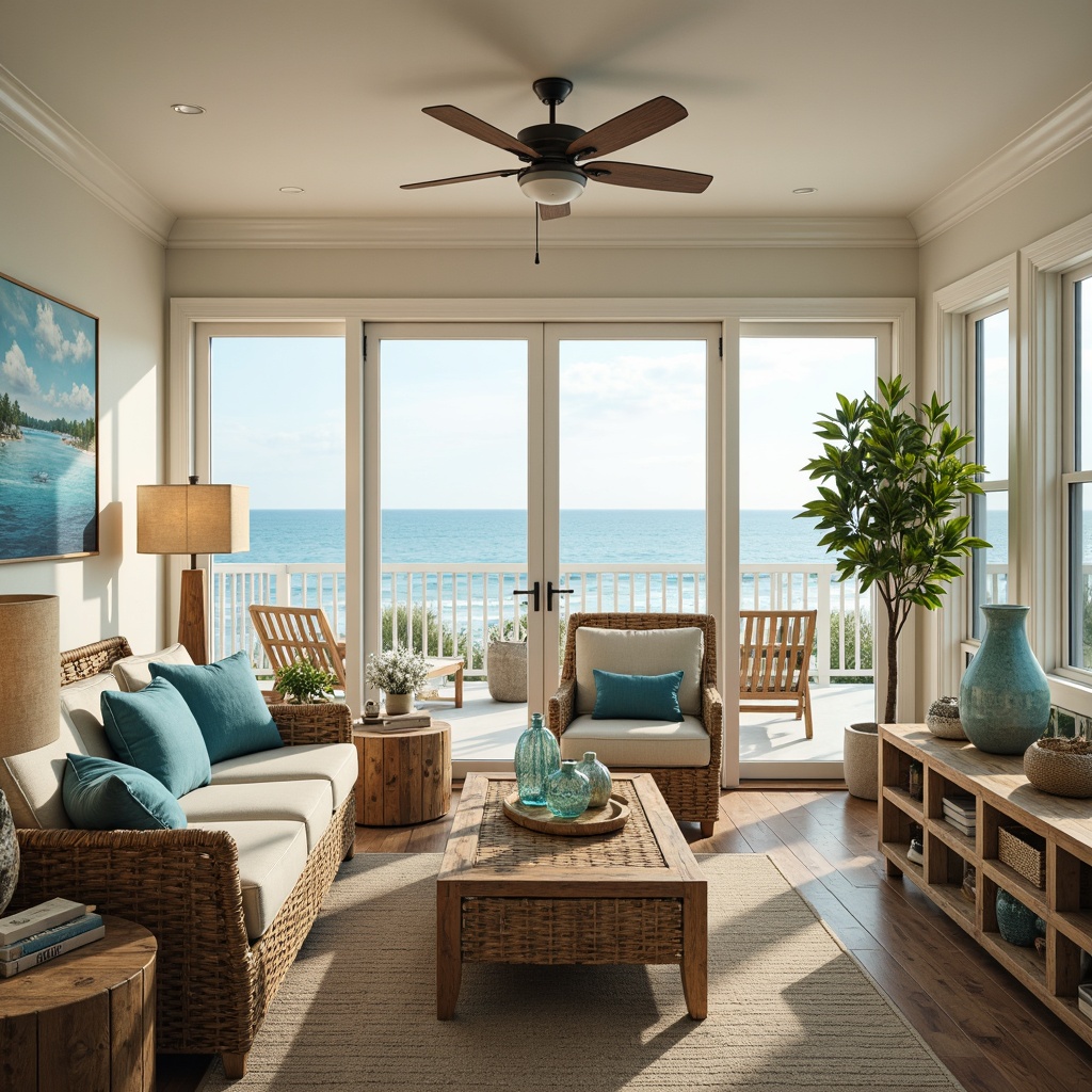 Prompt: Coastal living room, natural driftwood furniture, woven rattan accents, plush ocean-blue cushions, sea-glass vases, coral-inspired decorations, beachy wall art, soft creamy whites, weathered wooden floors, nautical rope details, large windows, sliding glass doors, sunny seaside views, gentle ocean breezes, shallow depth of field, 1/1 composition, warm golden lighting, realistic textures, ambient occlusion.