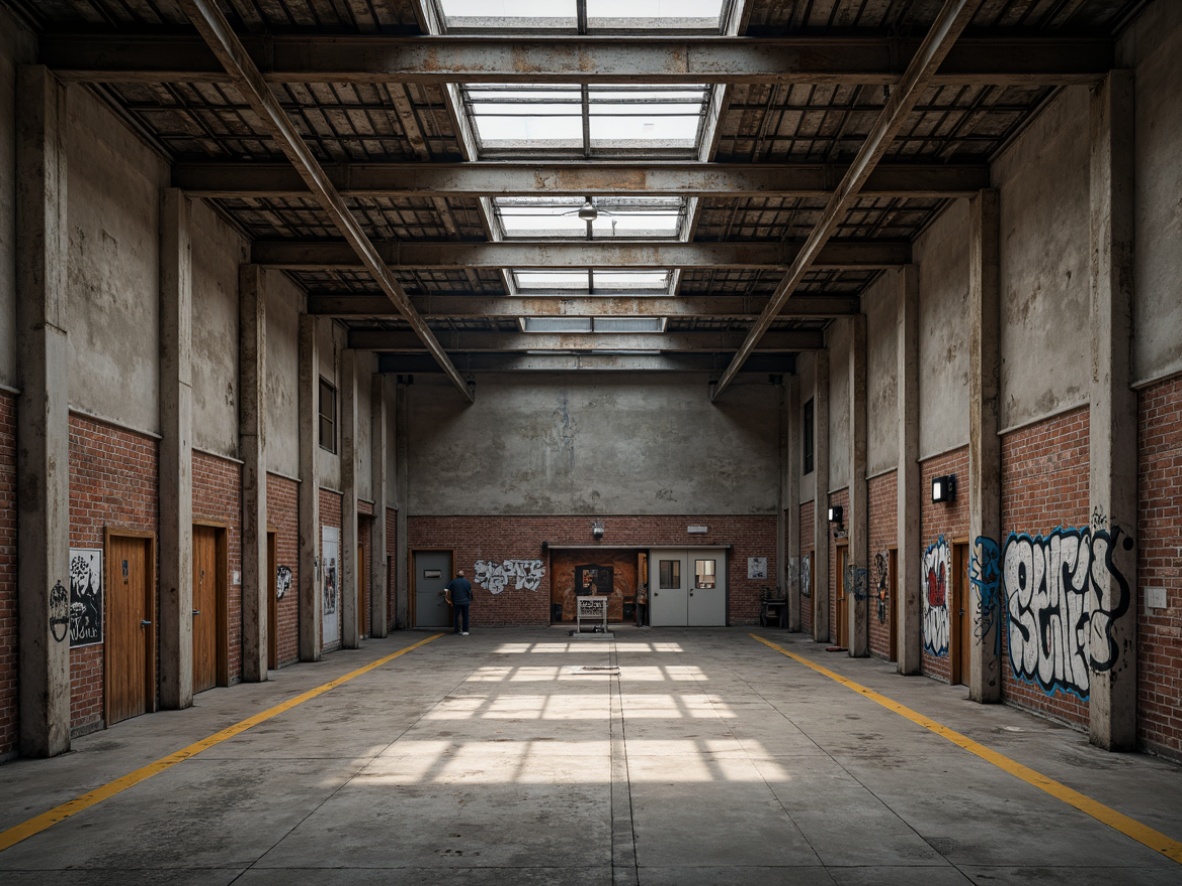 Prompt: Rugged warehouse interior, exposed steel beams, raw concrete walls, industrial metal columns, reclaimed wood accents, distressed brick textures, urban decay atmosphere, dramatic overhead lighting, high ceilings, open floor plan, functional minimalism, brutalist architectural style, metallic tones, neutral color palette, abstract graffiti art, abandoned factory feel, gritty urban ambiance, cinematic mood lighting, shallow depth of field, 2/3 composition, realistic render.