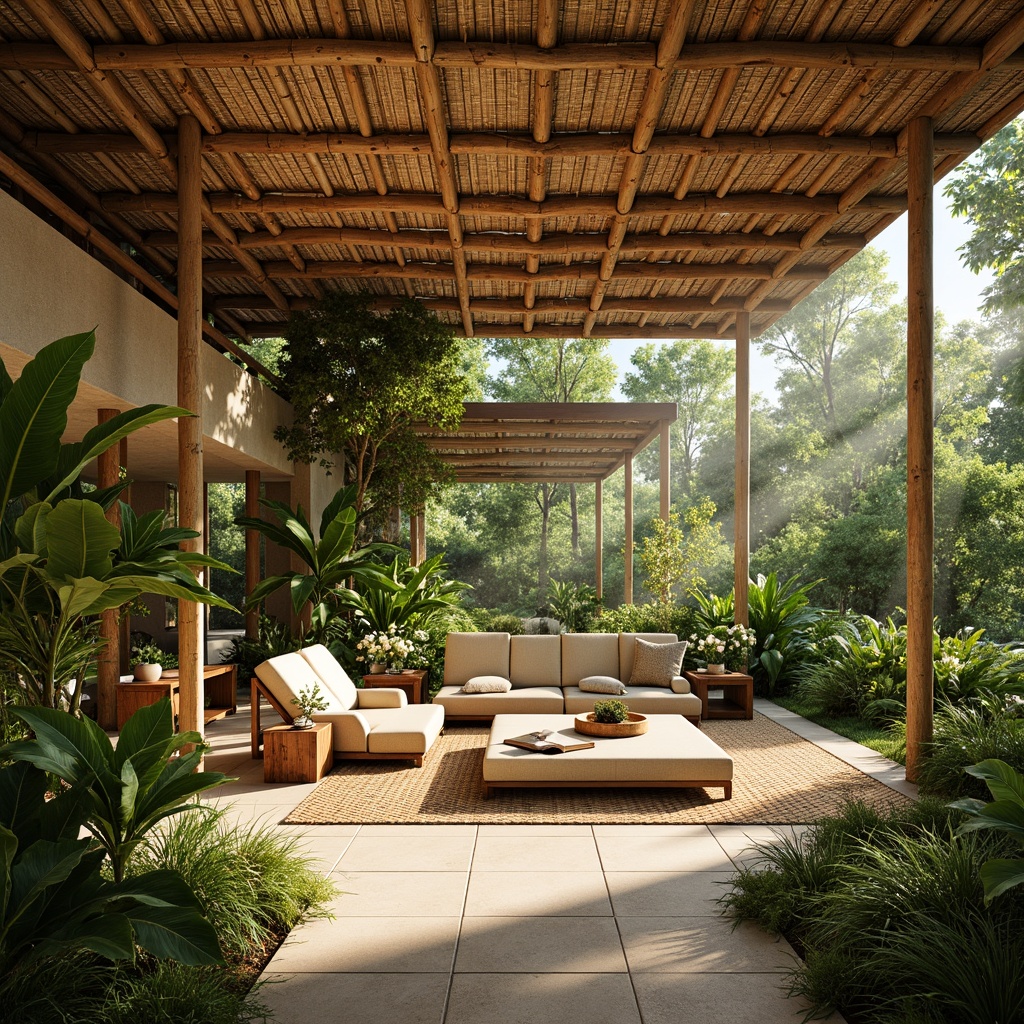 Prompt: Sustainable bamboo architecture, natural materials, earthy tones, organic shapes, eco-friendly design, minimalist aesthetic, serene atmosphere, abundant greenery, lush vegetation, tropical plants, warm sunny day, soft diffused lighting, shallow depth of field, 1/2 composition, realistic textures, ambient occlusion, woven bamboo ceilings, rattan furniture, wooden accents, earthy color palette, harmonious balance with nature.