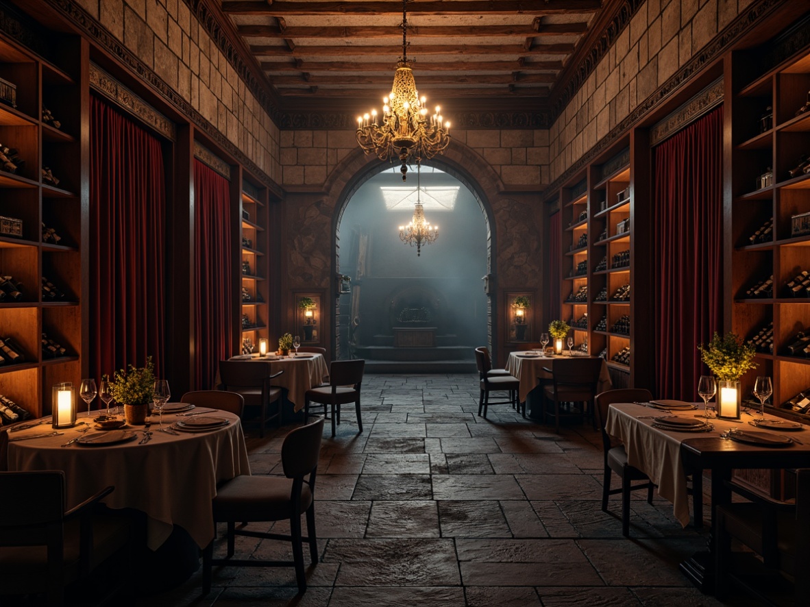 Prompt: Dark mysterious wine cellars, rich velvet drapes, ornate wooden cabinets, rusty metal accents, dim warm lighting, stone walls, ancient archways, grandiose chandeliers, lavish furnishings, intricate carvings, mystical symbols, crimson reds, midnight blues, charcoal grays, earthy browns, warm golden yellows, atmospheric fog, cinematic composition, dramatic shadows, mysterious ambiance.