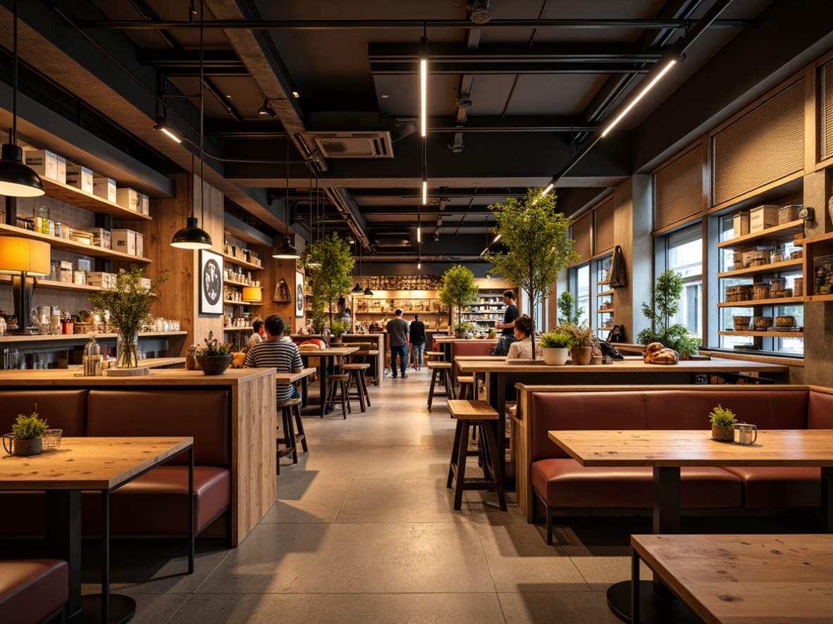 Prompt: Vibrant market interior, contemporary decor, warm ambiance, LED lighting systems, suspended ceiling fixtures, pendant lamps, floor lamps, minimalist shelves, industrial-chic tables, reclaimed wood accents, polished metal surfaces, soft warm glow, cozy atmosphere, 1/1 composition, natural textures, subtle shadows, realistic reflections.