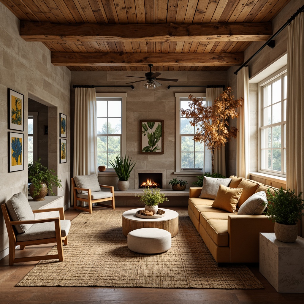 Prompt: Cozy living room, natural stone walls, reclaimed wood flooring, woven bamboo rugs, plush velvet sofas, earthy tone color palette, organic shapes, botanical prints, rattan armchairs, linen drapes, wooden beam ceilings, soft warm lighting, 1/1 composition, shallow depth of field, realistic textures, ambient occlusion.