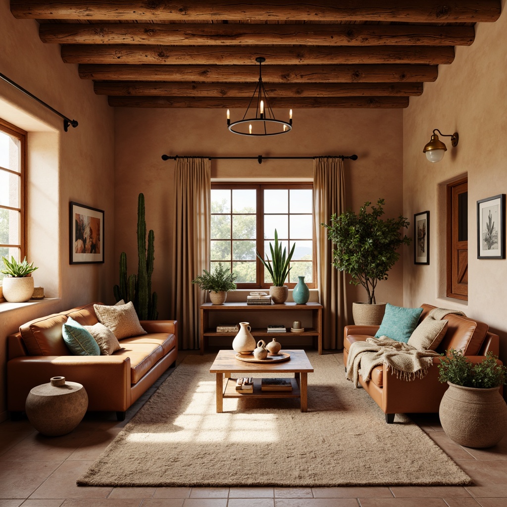 Prompt: Rustic southwestern apartment, earthy color palette, woven textiles, natural fiber rugs, wooden accents, distressed leather sofas, chunky throw blankets, terracotta pottery, turquoise decorative accents, geometric patterned tiles, adobe-inspired architecture, warm sandy tones, desert botanicals, cacti plants, vintage wooden furniture, wrought iron light fixtures, clay-colored walls, rustic wooden beams, soft warm lighting, cozy intimate spaces, 3/4 composition, shallow depth of field.