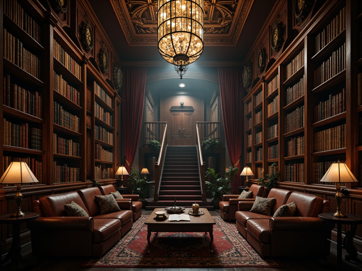 Prompt: Elegant gothic bookcase, intricately carved wooden panels, ornate metalwork details, rich dark wood tones, mysterious ambiance, dim warm lighting, high ceiling, grand chandelier, luxurious velvet drapes, mystical old books, leather-bound tomes, ancient manuscripts, mysterious artifacts, dramatic shadows, cinematic composition, low-key lighting, atmospheric fog effect.