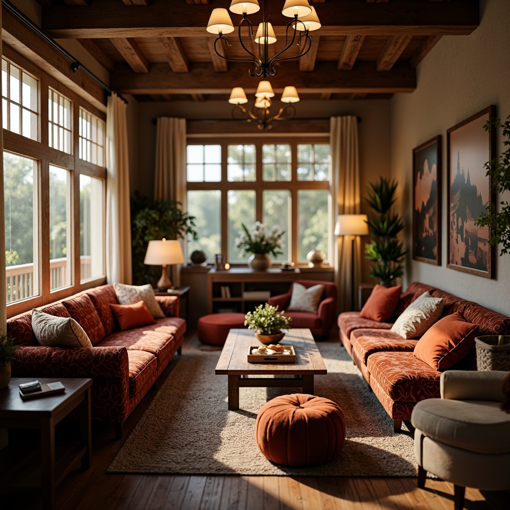 Prompt: Cozy living room, plush sofas, velvet armchairs, wooden coffee tables, rustic metal side tables, soft cushions, vibrant throw pillows, warm floor lamps, natural wood flooring, elegant chandeliers, sheer curtains, comfortable ottomans, intimate conversation areas, relaxing ambiance, soft warm lighting, shallow depth of field, 1/1 composition, realistic textures, ambient occlusion.