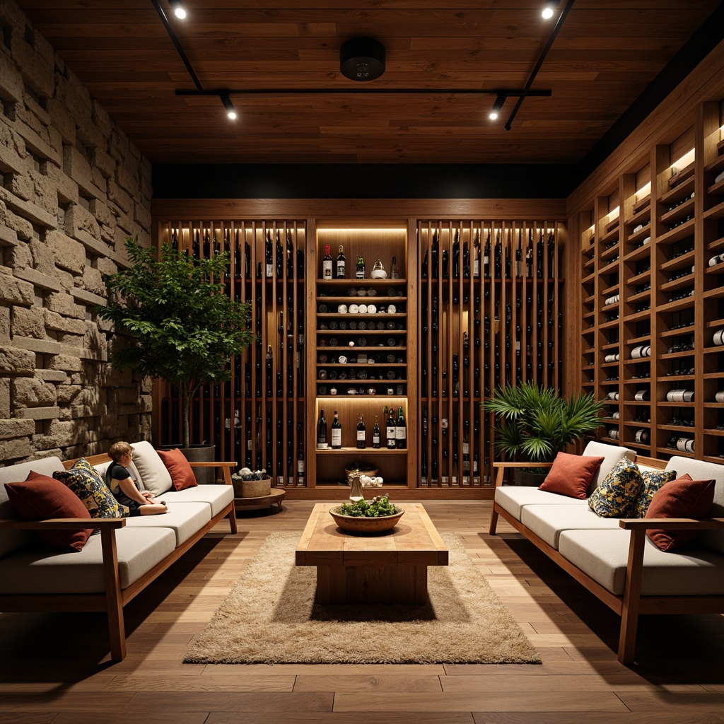 Prompt: Luxurious wine cellar, rich wood tones, steel accents, modern industrial chic, dimly lit atmosphere, intimate seating areas, wine racks, glass-enclosed storage, temperature-controlled environment, sleek metal shelving, rustic stone walls, earthy color palette, soft warm lighting, shallow depth of field, 2/3 composition, realistic textures, ambient occlusion.