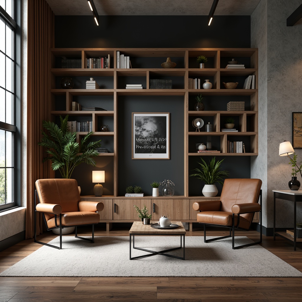 Prompt: Geometrically-shaped chairs, tubular steel frames, leather upholstery, minimalist coffee tables, functional shelving units, industrial-style lamps, monochromatic color schemes, bold typography, rectangular forms, clean lines, simplistic decor, functional simplicity, 1/1 composition, high-contrast lighting, dramatic shadows, realistic wood textures, subtle ambient occlusion.