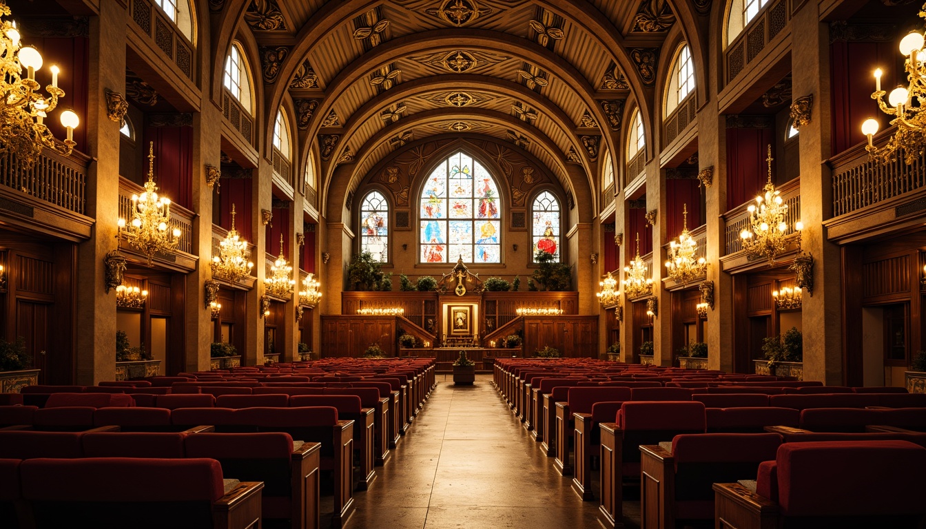 Prompt: Elegant Gothic auditorium, vaulted ceilings, stained glass windows, ornate stone carvings, grandiose chandeliers, majestic wooden pews, curved rows of seats, plush velvet cushions, intricate metalwork, warm golden lighting, dramatic shadows, symmetrical composition, 1/2 camera angle, realistic rendering, ambient occlusion, soft focus blur.