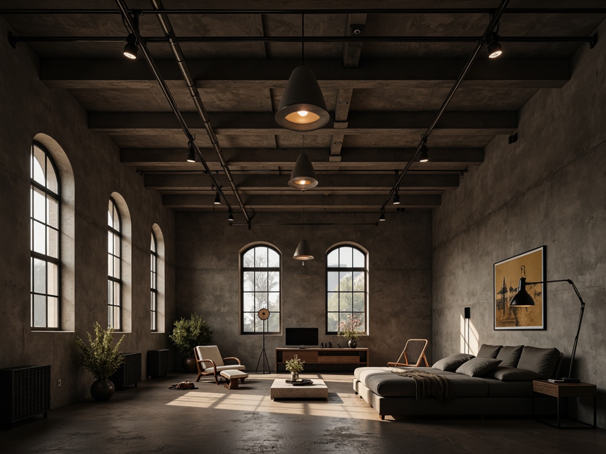 Prompt: Exposed concrete ceilings, industrial metal beams, brutalist architecture, minimalist decor, raw concrete walls, cold atmospheric lighting, recessed spotlights, industrial-style pendant lamps, metal shades, exposed ductwork, urban loft aesthetic, high-ceiling spaces, dramatic shadows, accent lighting, warm ambient glow, 1/2 composition, low-key lighting, realistic textures, ambient occlusion.