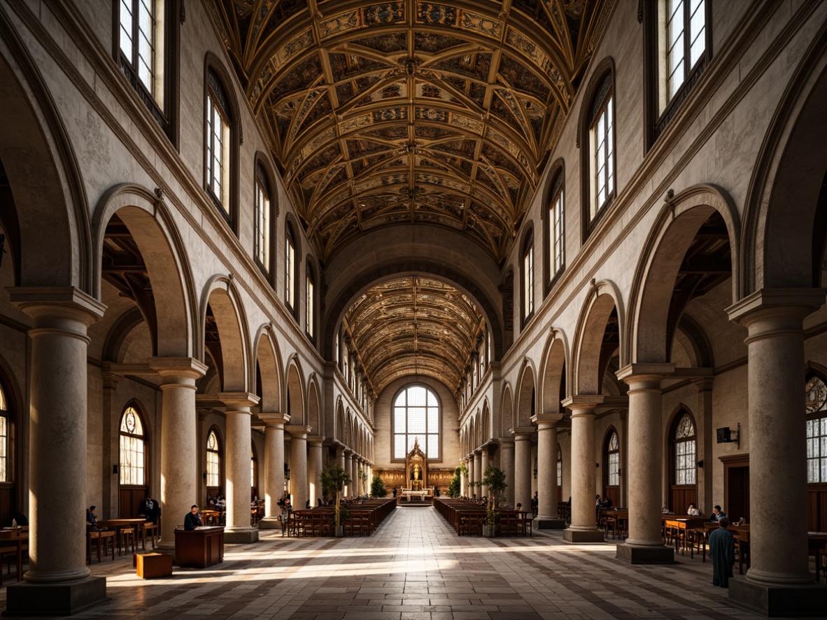 Prompt: Ornate vaulted ceilings, grandiose religious architecture, Baroque-inspired ornateness, intricate stone carvings, golden accents, solemn atmosphere, stained glass windows, towering pillars, marble flooring, classic Roman arches, dramatic lighting effects, soft warm color palette, subtle texture details, high-contrast shadows, 1/1 composition, symmetrical framing, atmospheric perspective, realistic ambient occlusion.