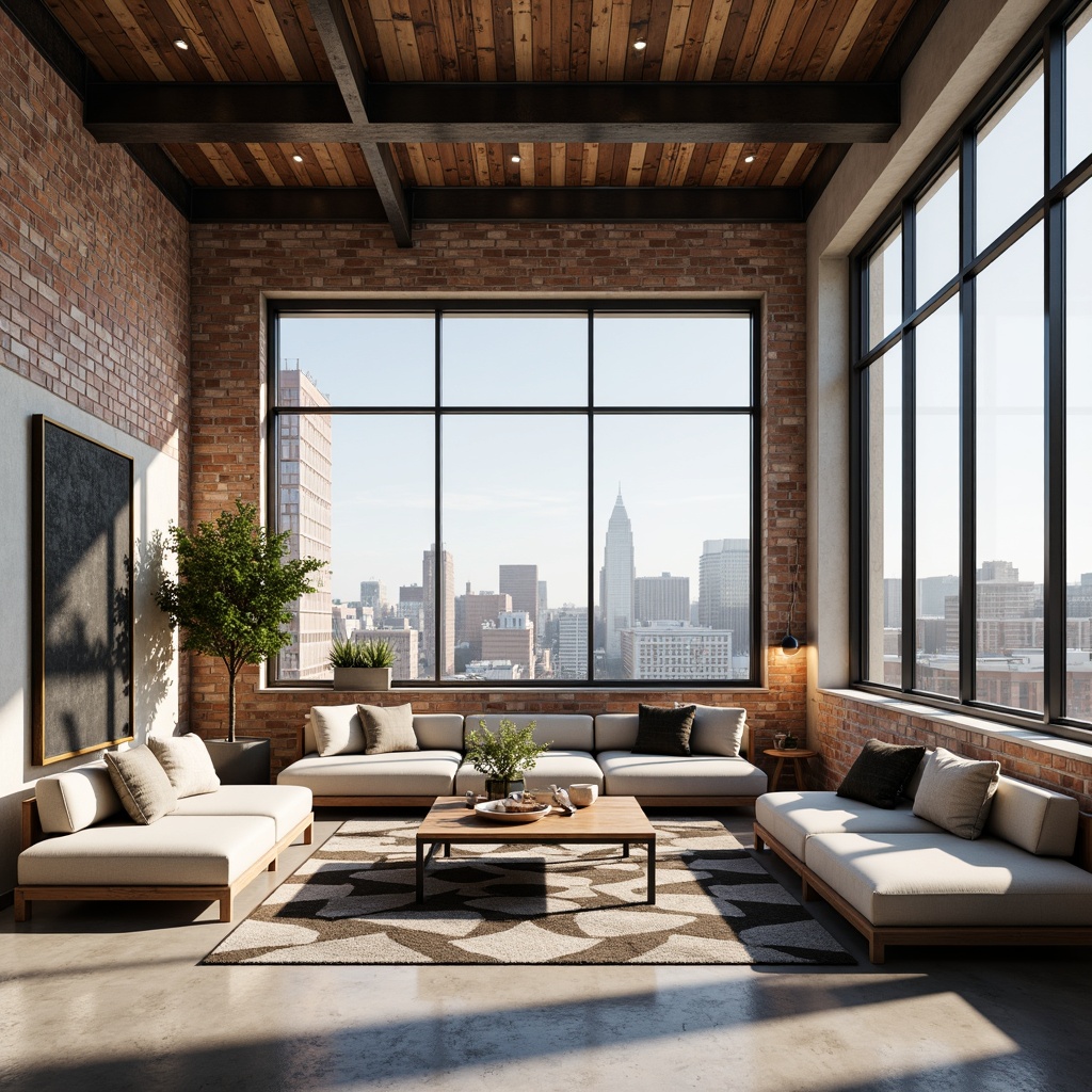 Prompt: Minimalist loft space, open floor plan, industrial chic, exposed brick walls, polished concrete floors, steel beams, reclaimed wood accents, functional simplicity, geometric shapes, primary color palette, natural light pouring in, floor-to-ceiling windows, sliding glass doors, urban cityscape views, modern minimalist furniture, sleek low-profile sofas, geometric-patterned rugs, abstract artwork, industrial-style lighting fixtures, dramatic high ceilings, airy atmosphere, soft warm glow, shallow depth of field, 1/2 composition, realistic textures, ambient occlusion.