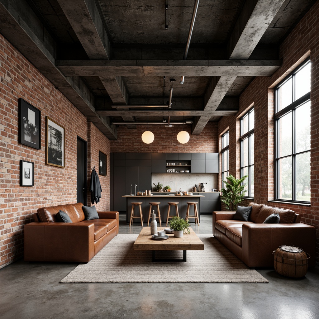 Prompt: Exposed brick walls, metal beams, reclaimed wood floors, industrial chic decor, vintage factory lights, distressed leather sofas, minimalist coffee tables, metallic accents, urban loft atmosphere, natural stone countertops, concrete polished floors, brutalist architectural style, monochromatic color scheme, functional decorative elements, utilitarian aesthetic, raw unfinished textures, neutral tone palette, industrial heritage-inspired patterns, rugged woven fabrics, bold graphic prints.