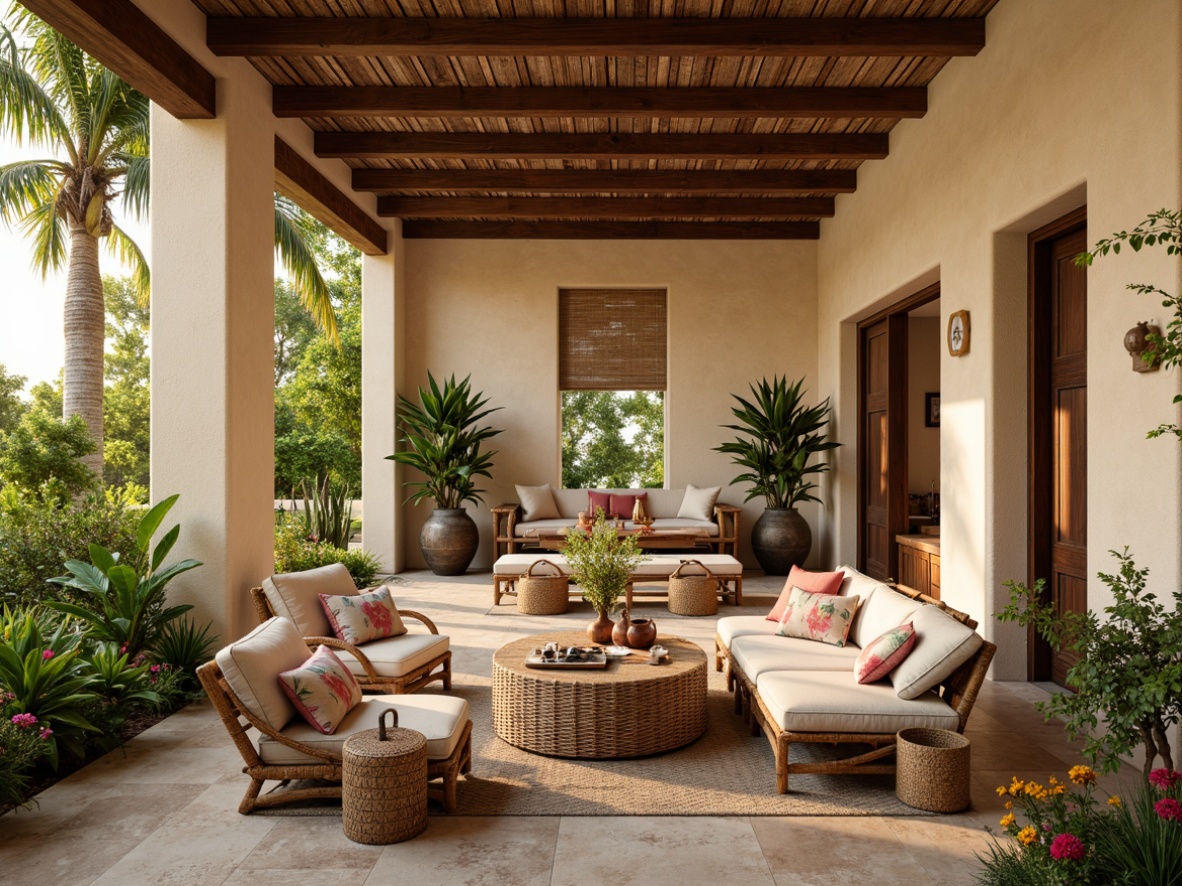 Prompt: Vibrant tropical farmhouse interior, warm beige walls, reclaimed wood accents, natural rattan furniture, lush greenery, exotic flower arrangements, woven wicker baskets, earthy terracotta pots, soft linen textiles, distressed wooden beams, vintage metal decor, rustic stone flooring, warm golden lighting, cozy reading nooks, plush velvet throw pillows, botanical print wallpapers, 1/1 composition, shallow depth of field, realistic textures, ambient occlusion.