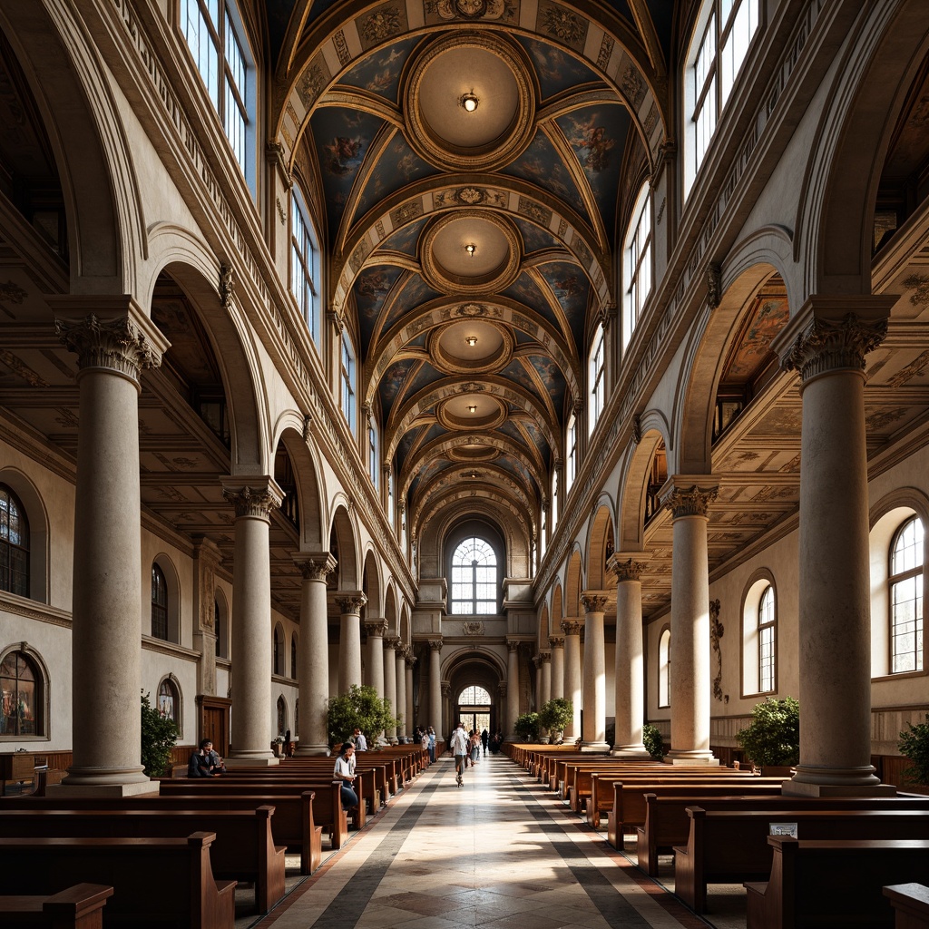 Prompt: Grand cathedral interior, vaulted ceiling with ornate frescoes, intricate stone carvings, stained glass windows, golden accents, classical columns, marble floors, ornamental archways, decorative pilasters, symmetrical composition, dramatic lighting, warm color palette, subtle texture details, realistic reflections, 1/1 aspect ratio, atmospheric perspective.