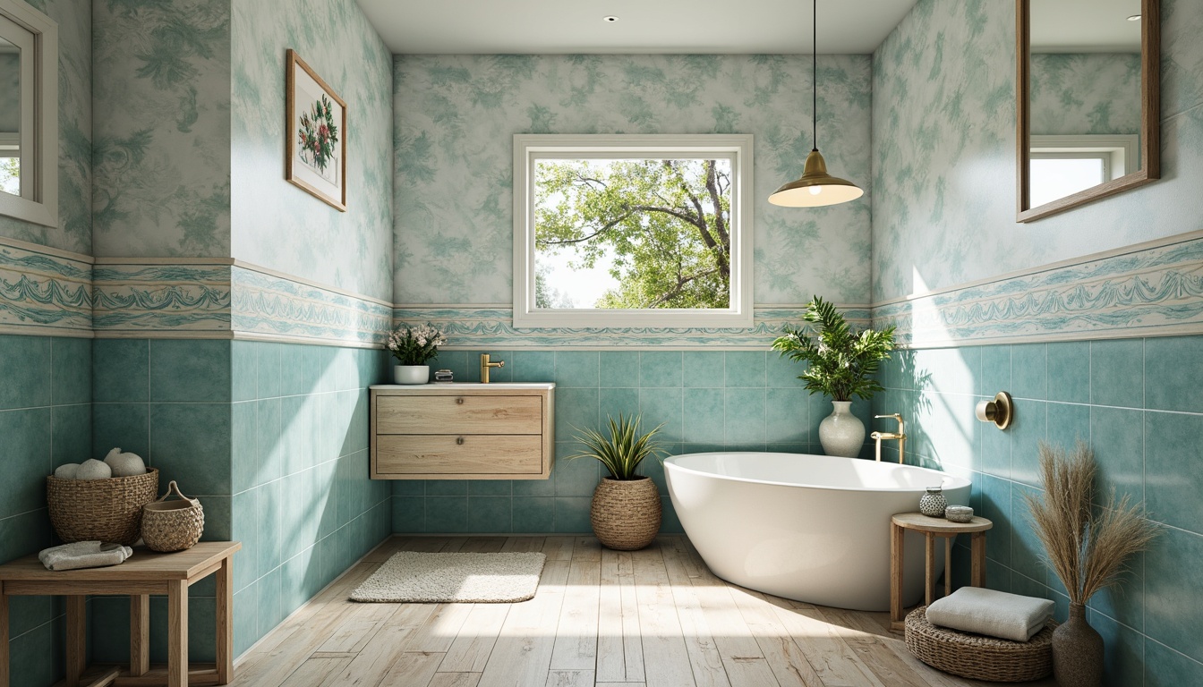 Prompt: Coastal-themed bathroom, ocean-inspired ceramic tiles, calming blue-green hues, natural textures, wave-patterned accents, driftwood-look porcelain, beachy pebble-like mosaics, sea-glass tile borders, soft creamy whites, weathered wooden floors, nautical rope details, distressed finishes, rustic metal fixtures, seaside ambiance, warm sunny lighting, 1/2 composition, shallow depth of field, realistic reflections.