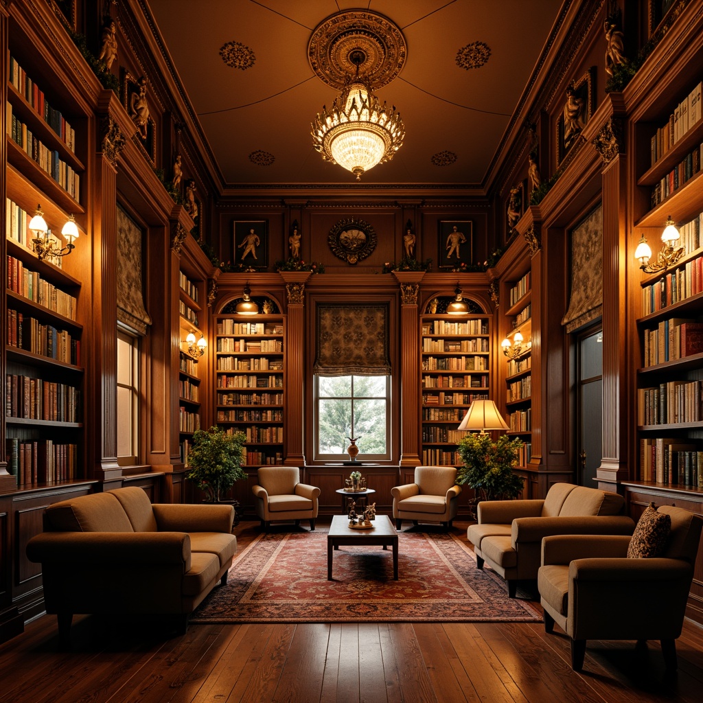 Prompt: Warm golden lighting, ornate chandeliers, rich wood tones, vintage bookshelves, classic novels, leather-bound tomes, comfortable reading nooks, plush armchairs, elegant wooden floors, intricate moldings, soft warm color palette, subtle shadows, 1/1 composition, intimate atmosphere, realistic textures, ambient occlusion, classic typography, ornate decorative elements.