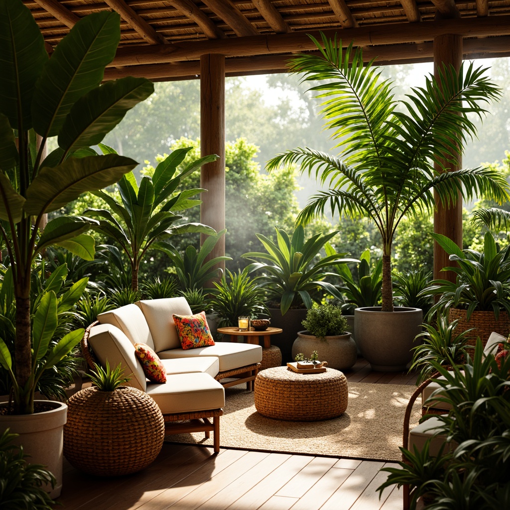 Prompt: Vibrant tropical interior, lush greenery, exotic plants, palm trees, bird of paradise flowers, wicker furniture, rattan textures, natural wood accents, colorful woven baskets, earthy tones, warm golden lighting, shallow depth of field, 1/1 composition, realistic plant textures, ambient occlusion, cozy reading nook, plush cushions, refreshing misting system.