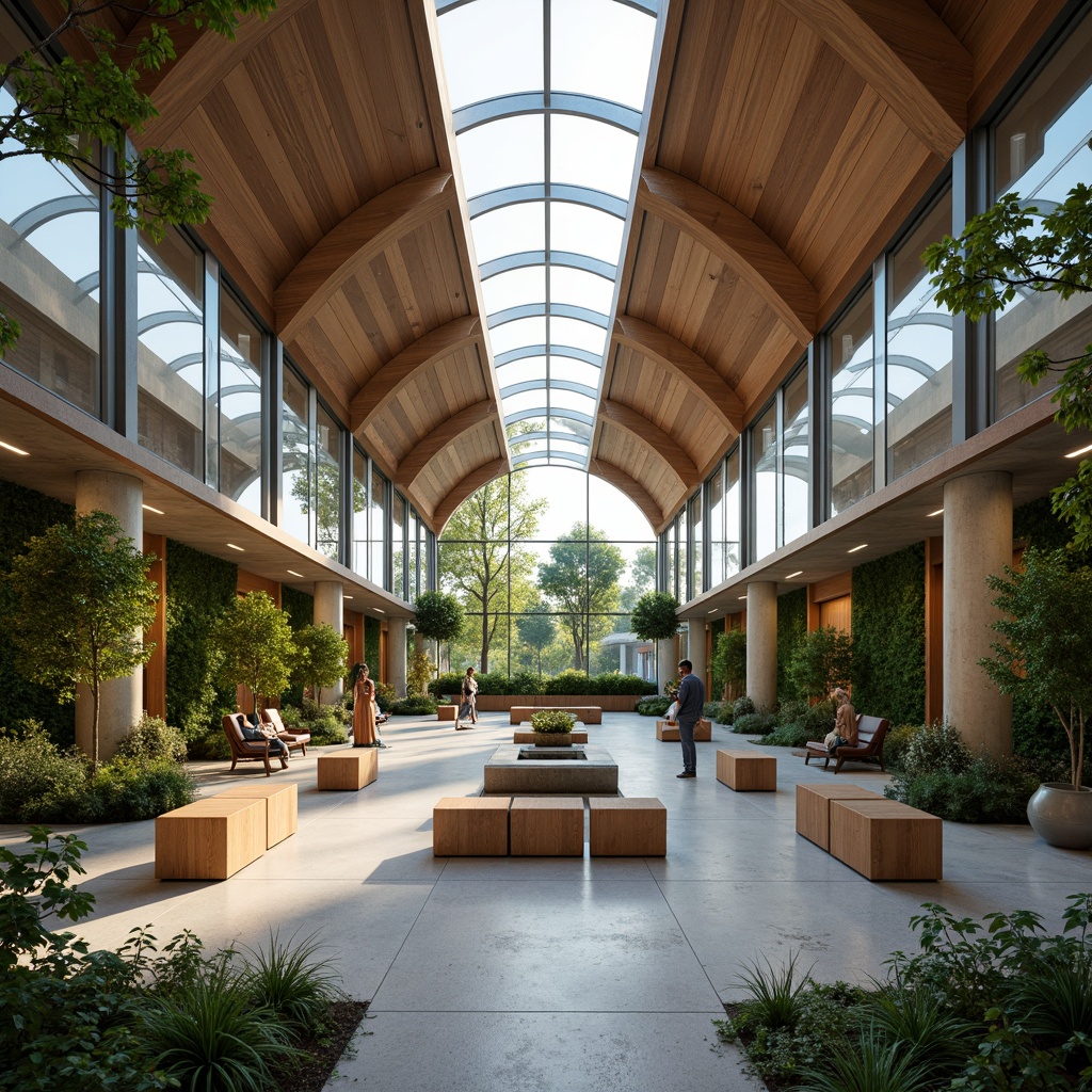 Prompt: Spacious interior, high ceilings, large windows, clerestory windows, skylights, transparent roofing, reflective surfaces, minimal obstructions, open floor plan, curved lines, organic shapes, earthy tones, natural materials, wooden accents, green walls, living walls, lush foliage, abundant daylight, warm ambient lighting, soft shadows, shallow depth of field, 1/1 composition, symmetrical framing, realistic textures, subtle color grading.